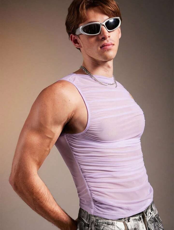 Men's mesh sheer ,ruched design,slim fit men's tank top